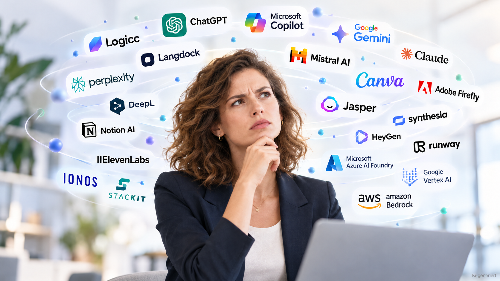 Nachdenkliche Frau vergleicht KI-Plattformen mit AV-Vertrag, umgeben von Logos verschiedener KI-Anbieter.